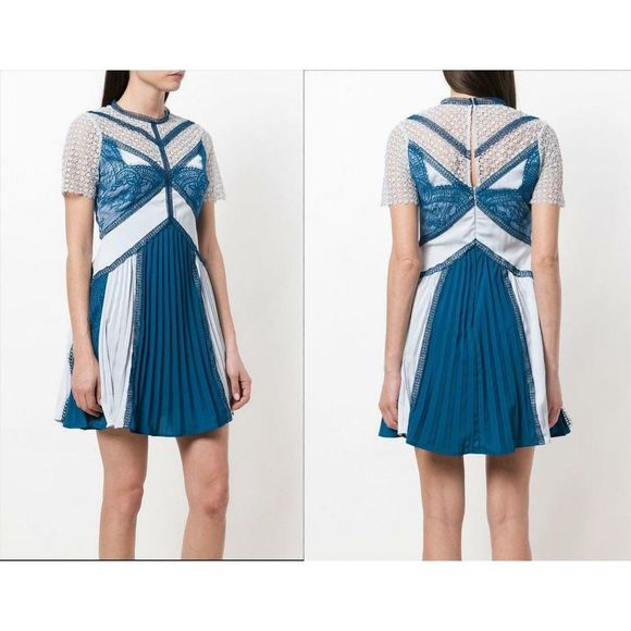 Self Portrait Lace Panel Pleated Blue Mini Dress 4 - Picture 1 of 8